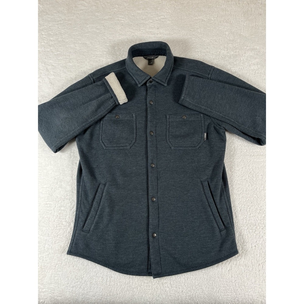 Eddie Bauer Gray Fleece Lined Metal Snap Button Up Shacket Men's Med Warm Cozy - Picture 2 of 10